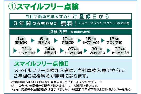 スマイルフリー点検 当社で新車を購入するとご登録日から3年間の点検料金が無料!