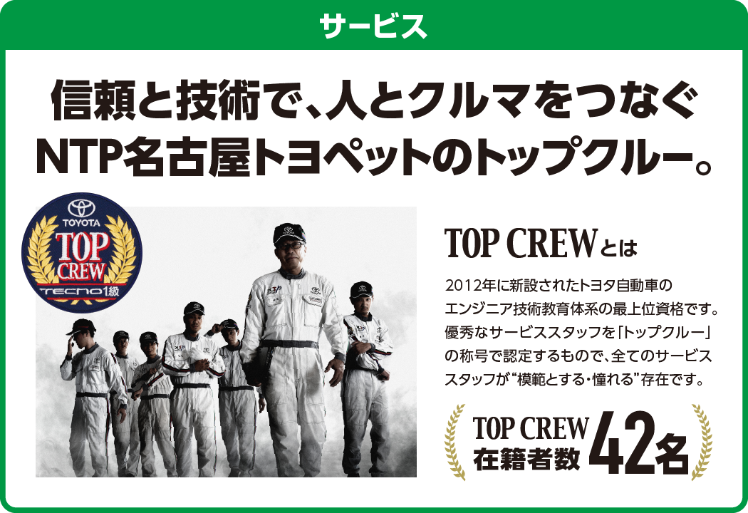 信頼と技術で、人とクルマをつなぐNTP名古屋トヨペットのトップクルー。