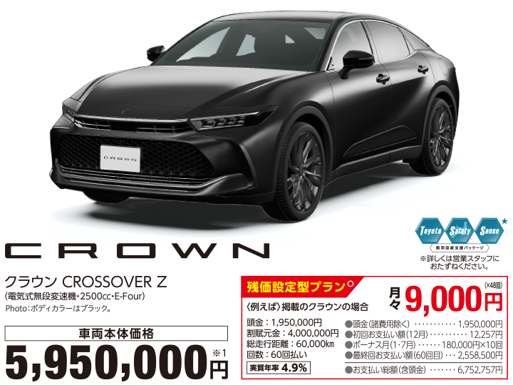 クラウン CROSSOVER Z （電気式無段変速機・2500㏄・E-Four） 車両本体価格5,950,000円 Photo:ボディカラーはブラック。