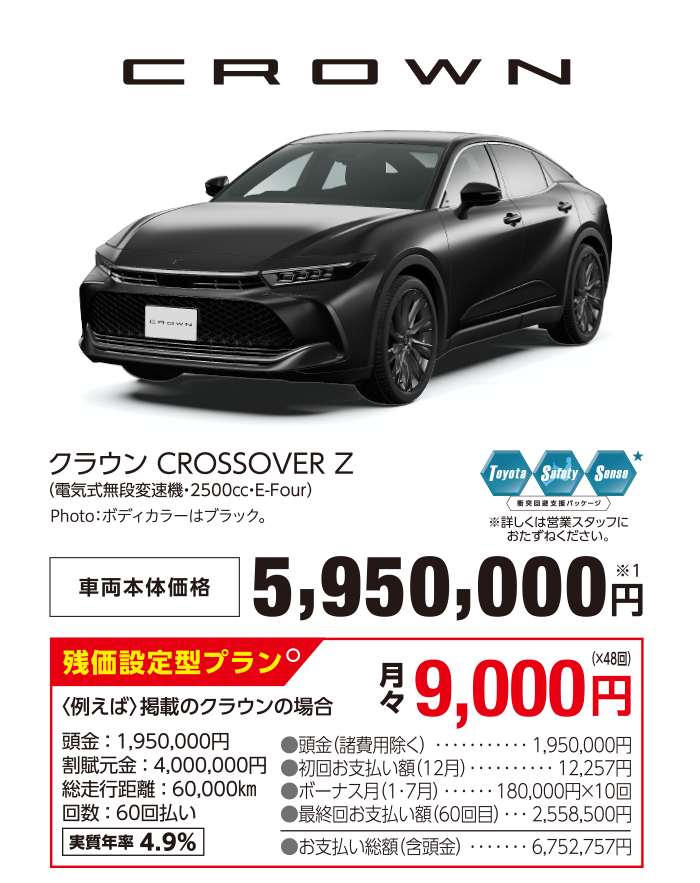 クラウン CROSSOVER Z （電気式無段変速機・2500㏄・E-Four） 車両本体価格5,950,000円 Photo:ボディカラーはブラック。