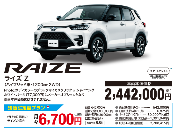 トヨタ ライズ Z （ハイブリッド車・1200㏄・2WD） 車両本体価格：2,442,000円