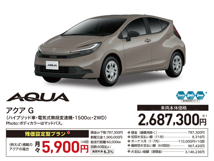 アクア G（ハイブリッド車・電気式無段変速機・1500cc・2WD） 車両本体価格：2,687,300円