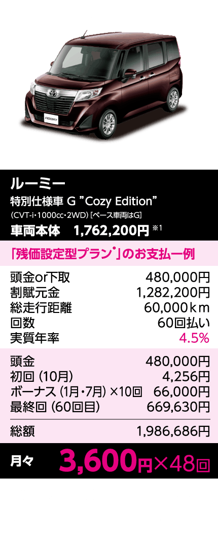 ルーミー 残価設定型クレジット「e-プラン」のお支払一例