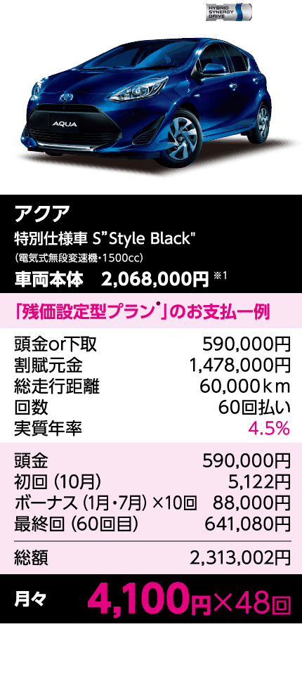 アクア 残価設定型クレジット「e-プラン」のお支払一例