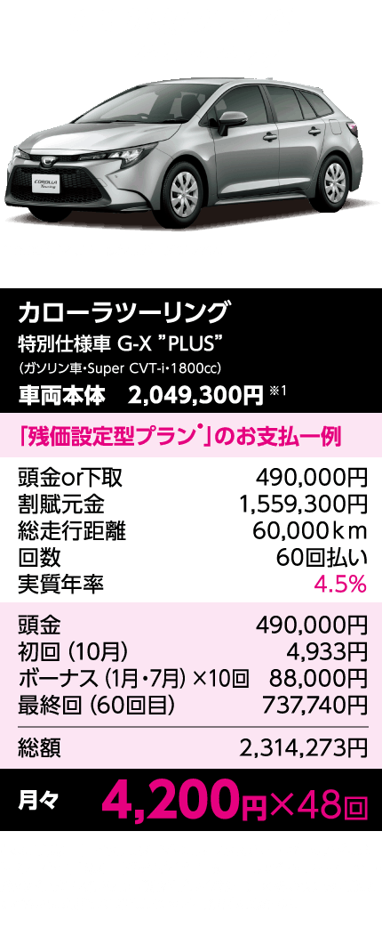 カローラツーリング 残価設定型クレジット「e-プラン」のお支払一例