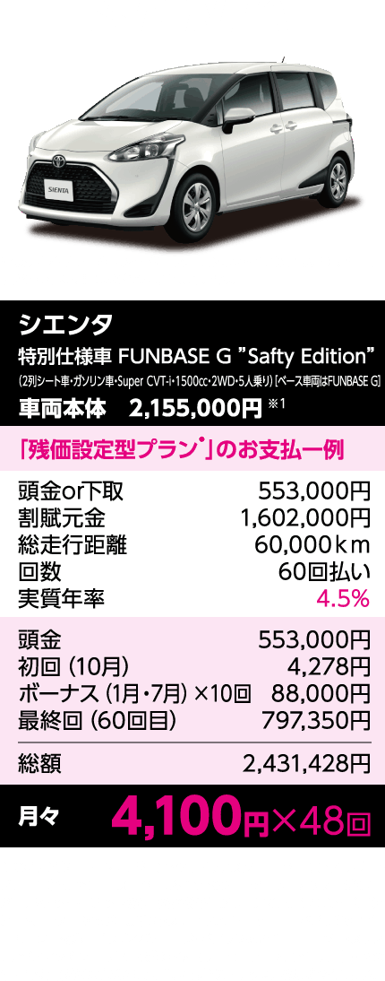 シエンタ 残価設定型クレジット「e-プラン」のお支払一例